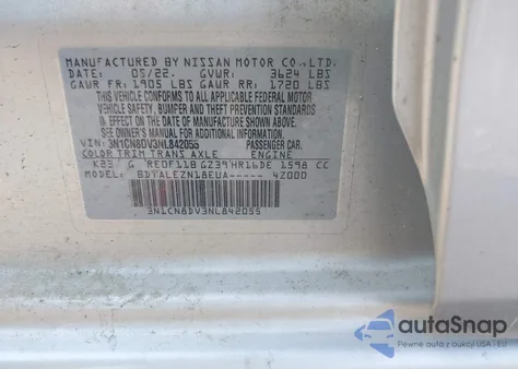 2022 Nissan Versa 1.6 S Xtronic Cvt из США, поврежденный, VIN 3N1CN8DV3NL842055